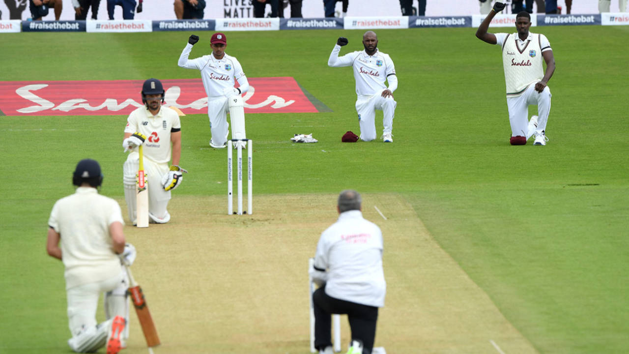 The players take a knee in support of Black Lives Matter before the start of play, England v West Indies, 1st Test, day 1, Southampton, July 08, 2020