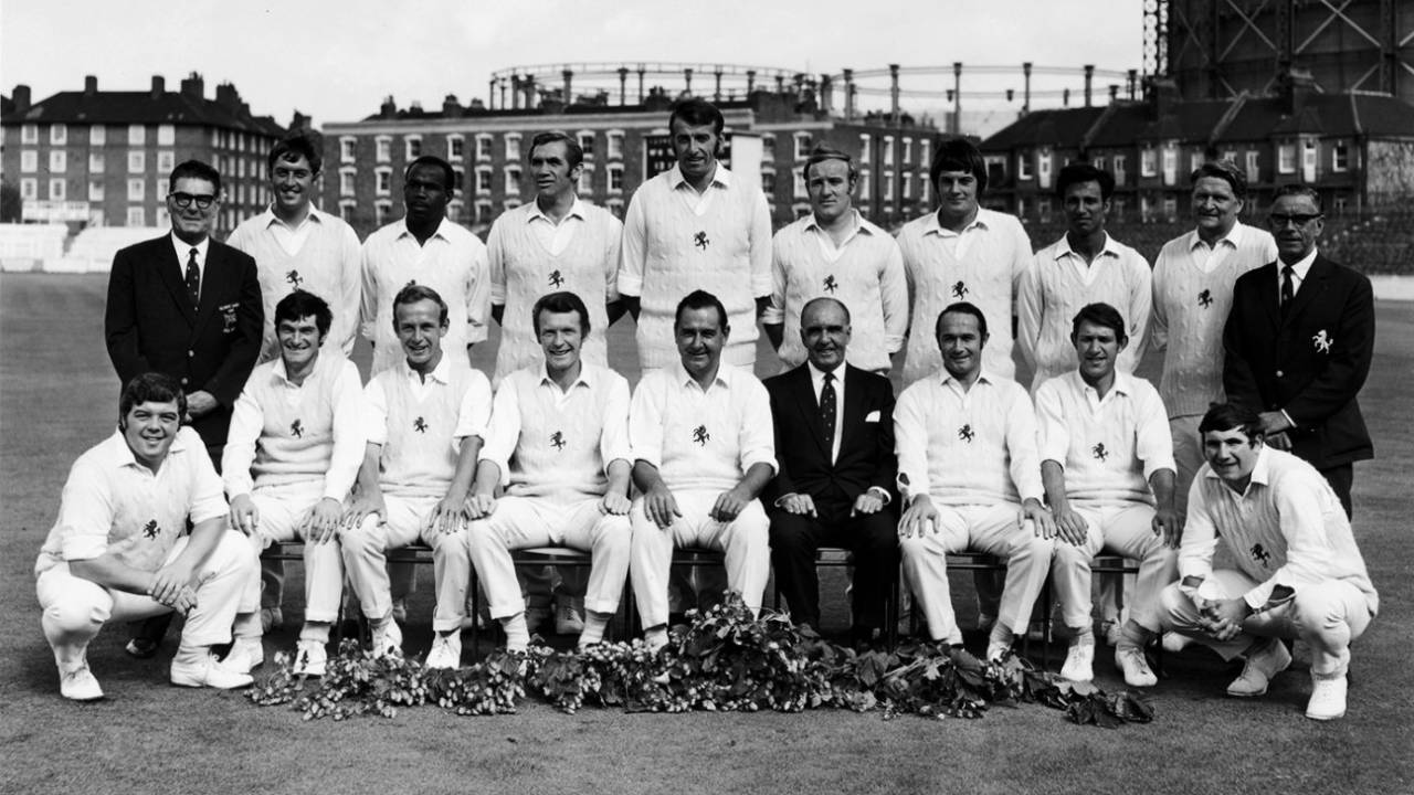 The Kent squad for a County Championship game against Surrey, The Oval. Standing (left to right): L Kilby (masseur), Bob Woolmer, John Shepherd, Alan Brown, Norm Graham, John Dye, Graham Johnson, Asif Iqbal, Colin Page and C Lewis (scorer). Seated: David Nicholls, Alan Knott, Derek Underwood, Mike Denness, Colin Cowdrey, Les Ames (secretary), Stuart Leary, Brian Luckhurst and Alan Ealham, September 10, 1970