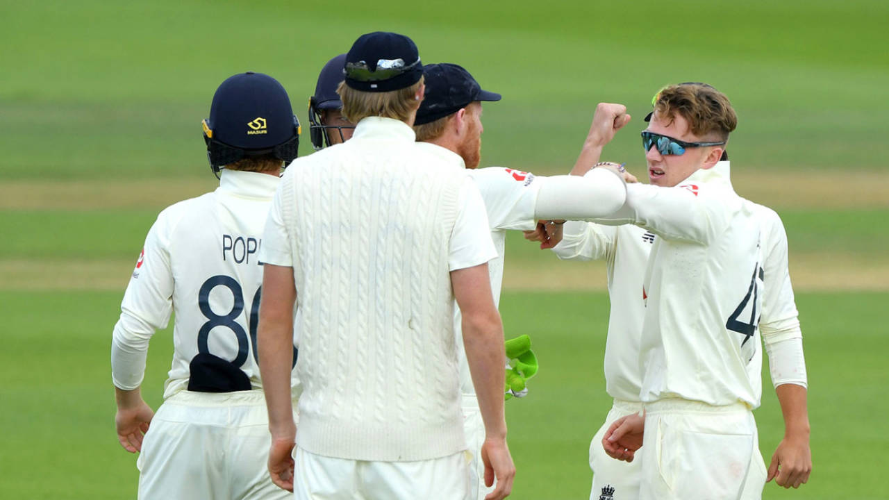 Dom Bess celebrates with his team-mates after taking the wicket of Shai Hope, England v West Indies, 1st Test, day 3, Southampton, July 10, 2020