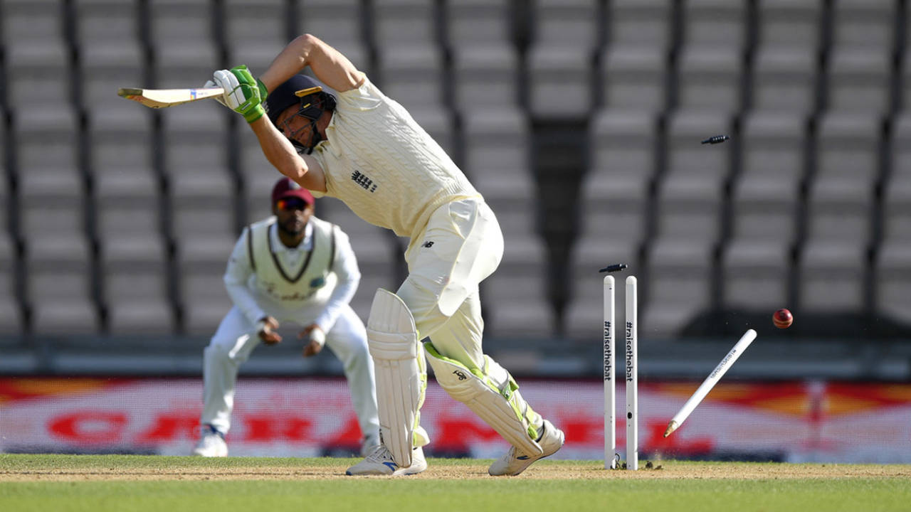 Jos Buttler is bowled by Alzarri Joseph, England v West Indies, 1st Test, 4th day, Southampton, July 11, 2020