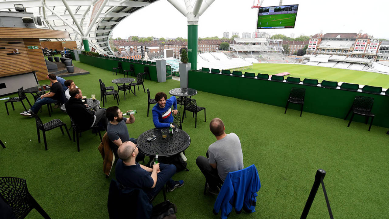 Surrey members watch the first Test from the rooftop bar at The Oval&nbsp;&nbsp;&bull;&nbsp;&nbsp;Alex Davidson/Getty Images