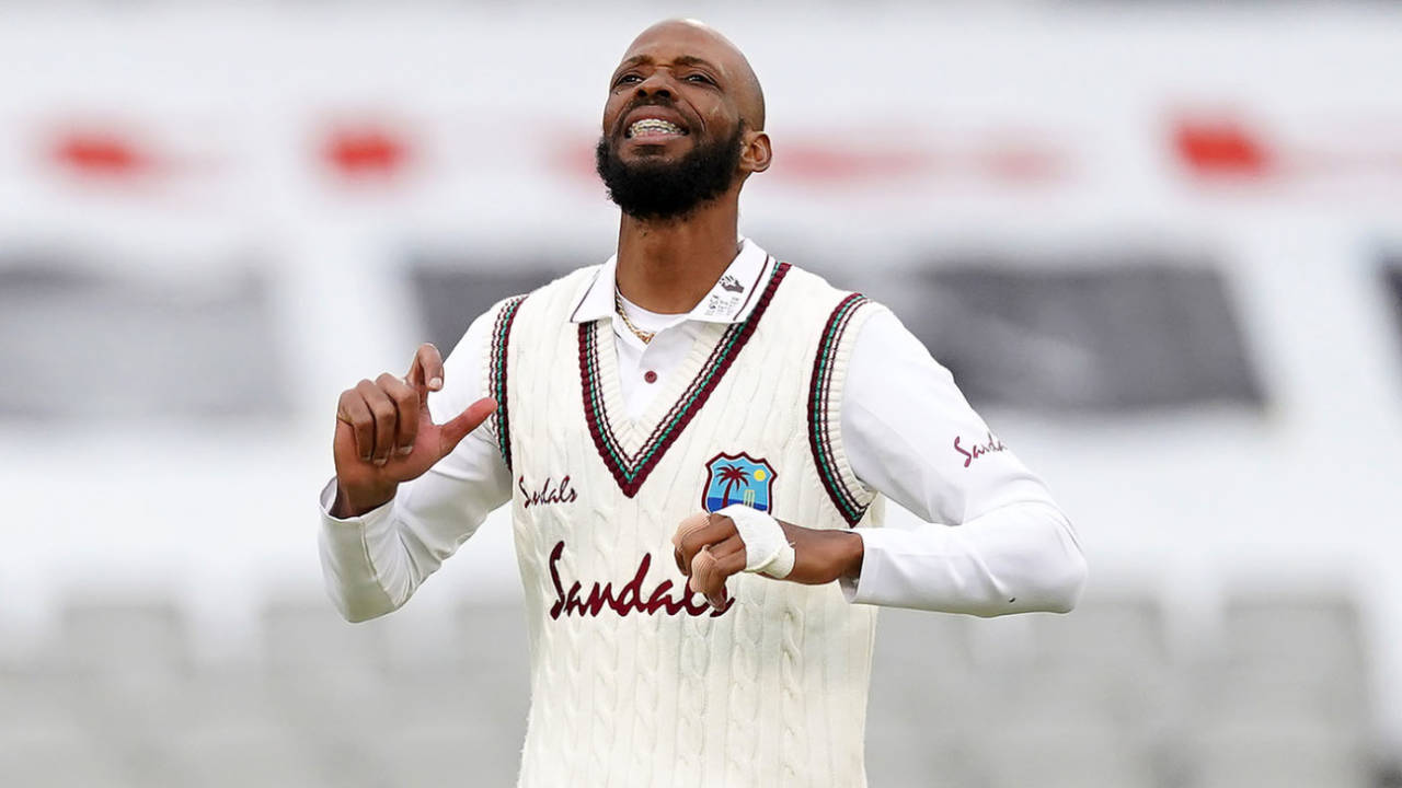 Roston Chase rues his luck after a missed chance, England v West Indies, 2nd Test, Old Trafford, July 16, 2020