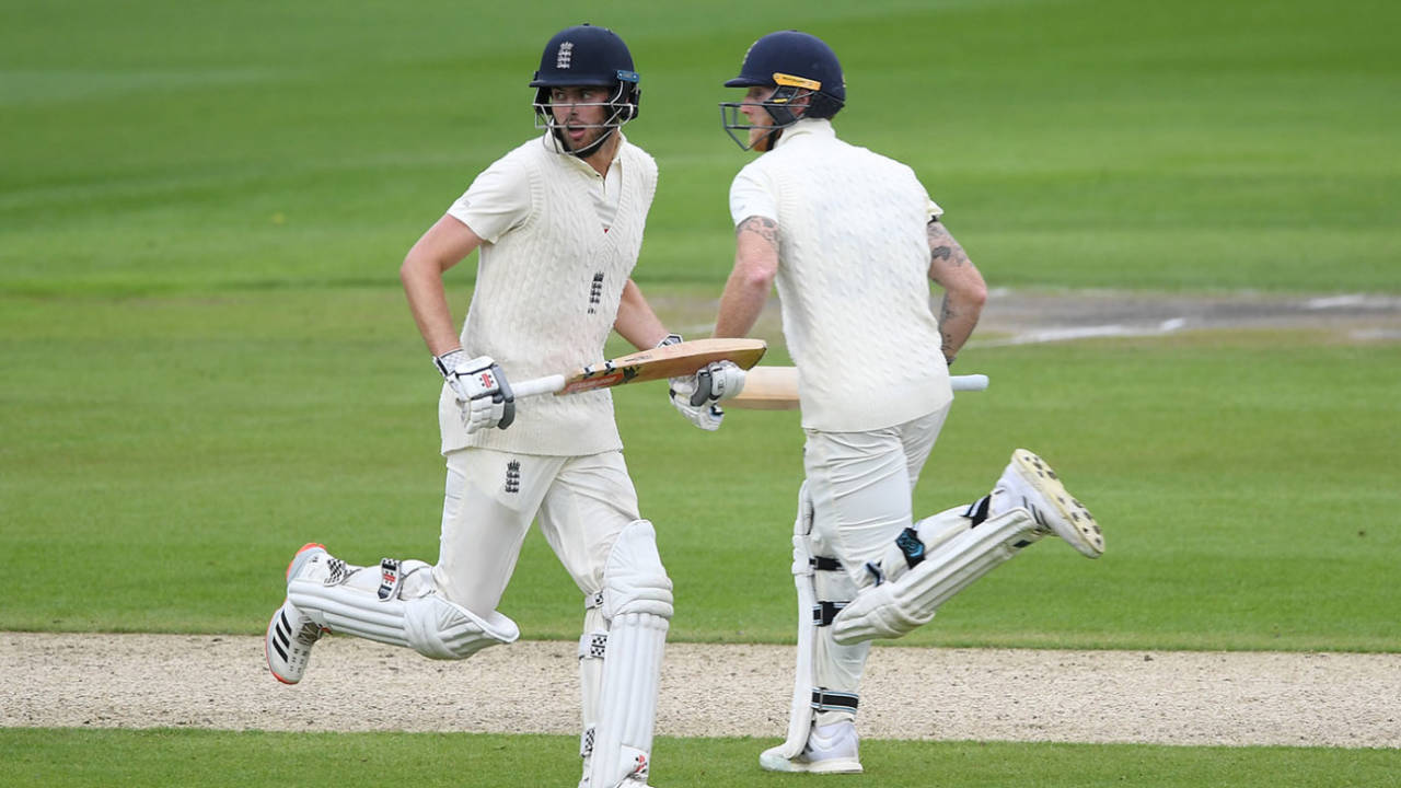 Dom Sibley and Ben Stokes run between the wicket, England v West Indies, 2nd Test, Old Trafford, July 16, 2020