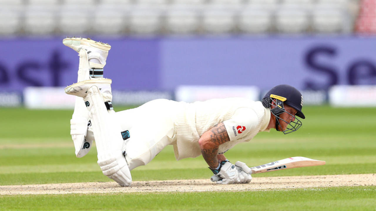 Ben Stokes is knocked off his feet by a yorker, England v West Indies, 2nd Test, Day 2, Emirates Old Trafford, July 17, 2020