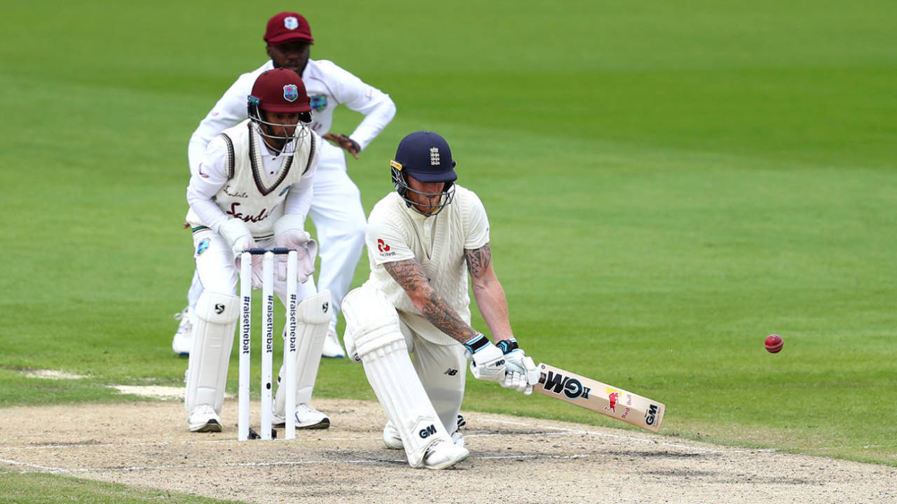 Ben Stokes reserve-sweeps to bring up his hundred, England v West Indies, 2nd Test, Day 2, Emirates Old Trafford, July 17, 2020