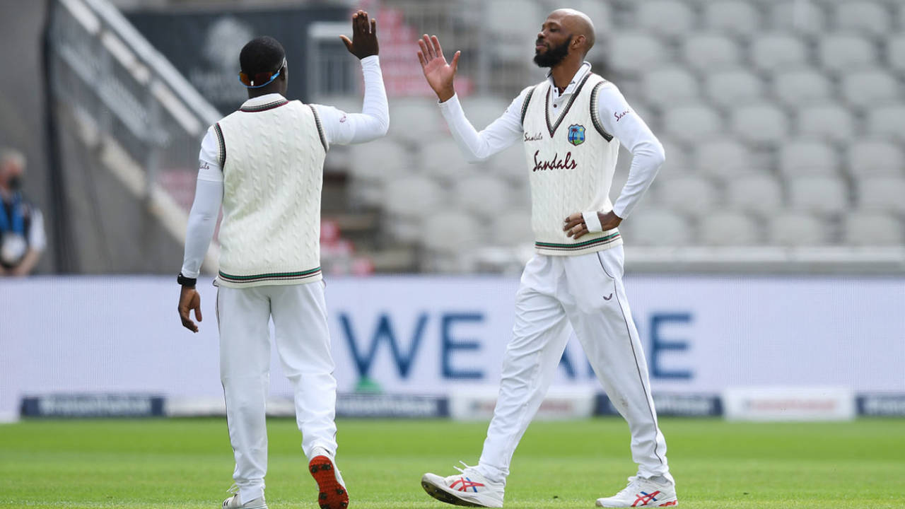 Roston Chase celebrates a wicket, England v West Indies, 2nd Test, Day 2, Emirates Old Trafford, July 17, 2020