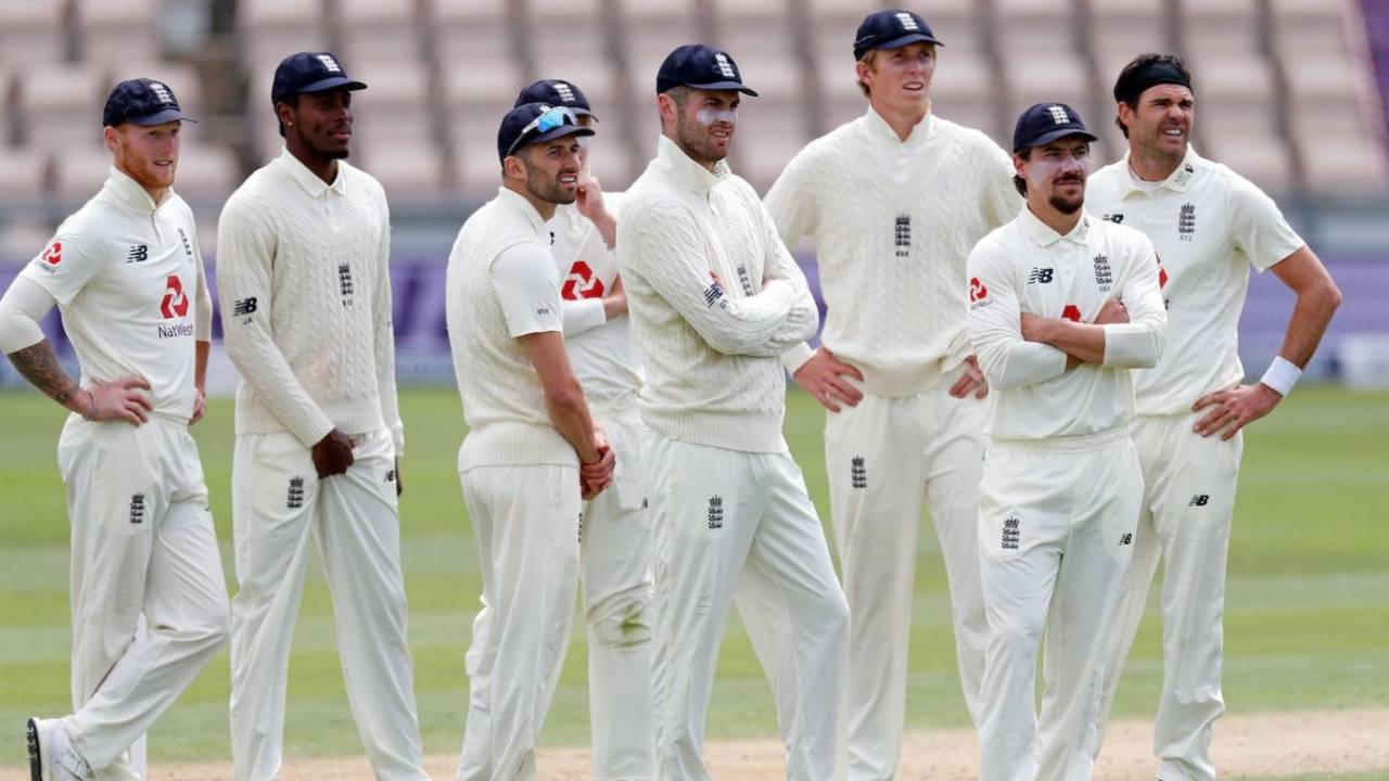 England's fielders await a DRS verdict on the big screen, England v West Indies, 2nd Test, Emirates Old Trafford, 2nd day, July 17, 2020
