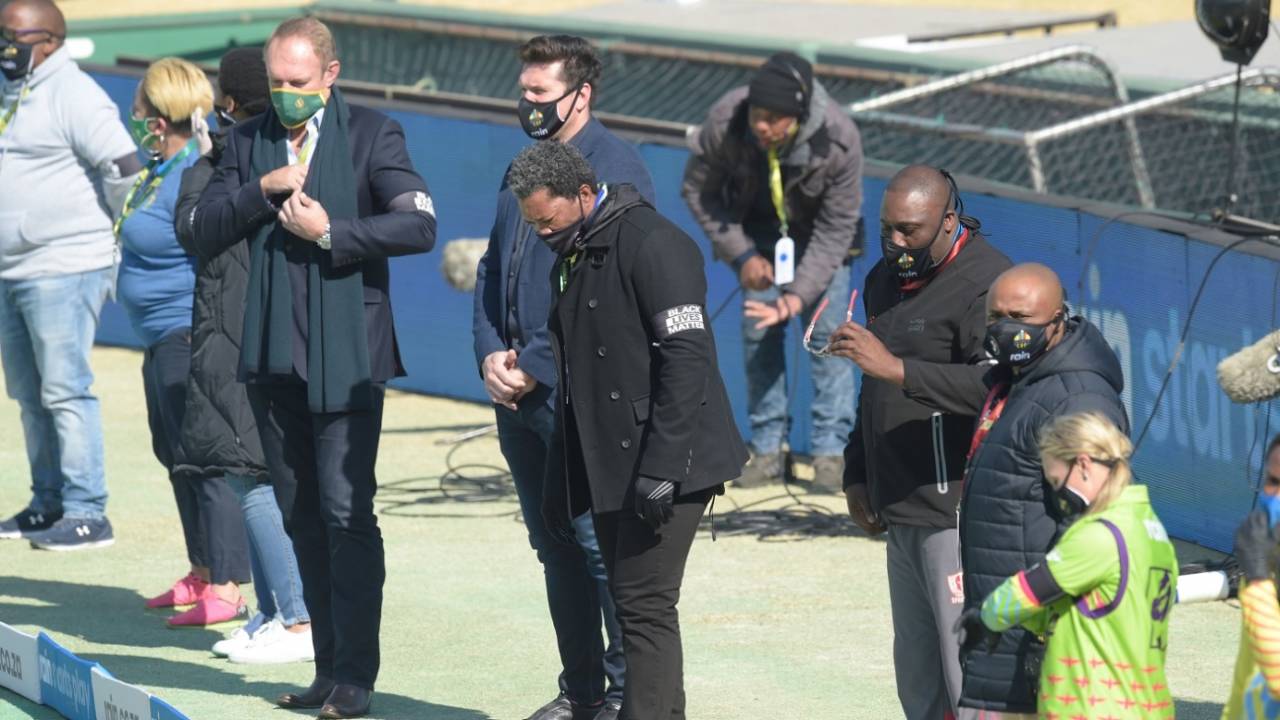 Makhaya Ntini and Graeme Smith join the rest of those present at SuperSport Park in showing solidarity with the Black Lives Matter movement, Centurion, July 18, 2020