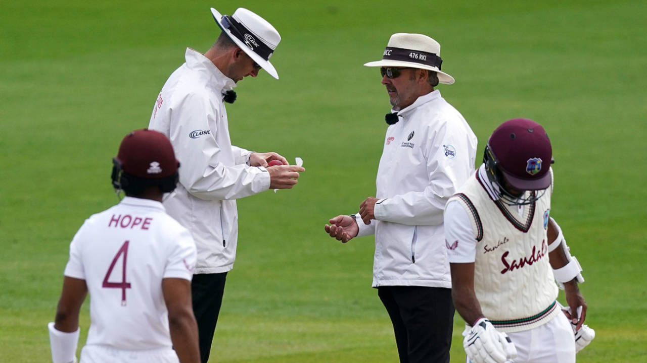 Umpires Gough and Illingworth had to disinfect the ball after Dom Sibley accidentally used saliva to polish it, England v West Indies, 2nd Test, Emirates Old Trafford, 4th day, July 19, 2020