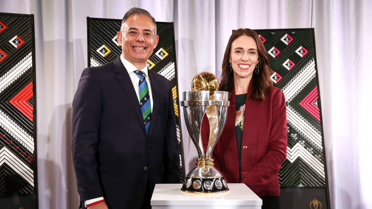 ICC CEO Manu Sawhney and New Zealand Prime Minister Jacinda Ardern at the launch of the Women's ODI World Cup&nbsp;&nbsp;&bull;&nbsp;&nbsp;Getty Images
