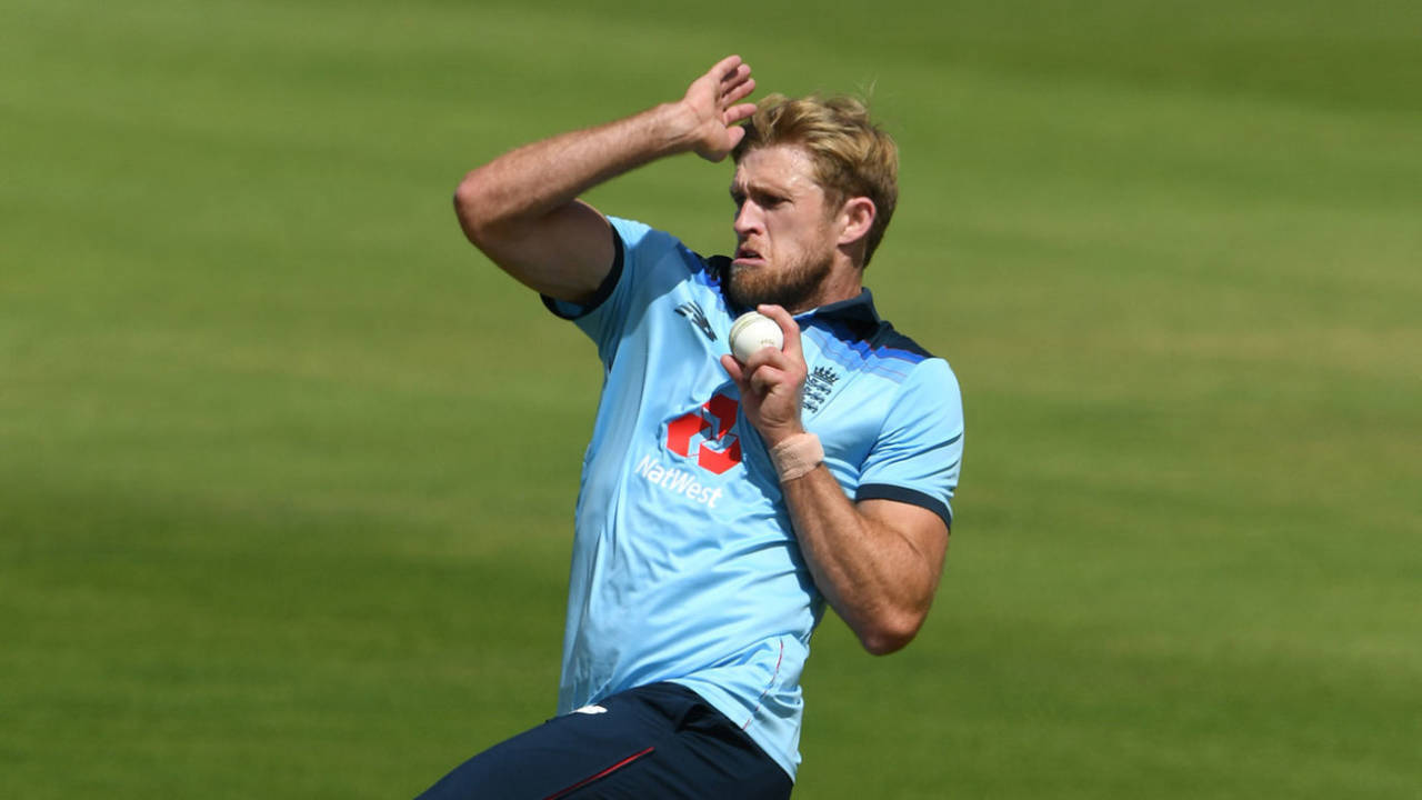 David Willey bowls in the intra-squad warm-up at the Ageas Bowl, Team Morgan v Team Moeen, Ageas Bowl, July 21, 2020
