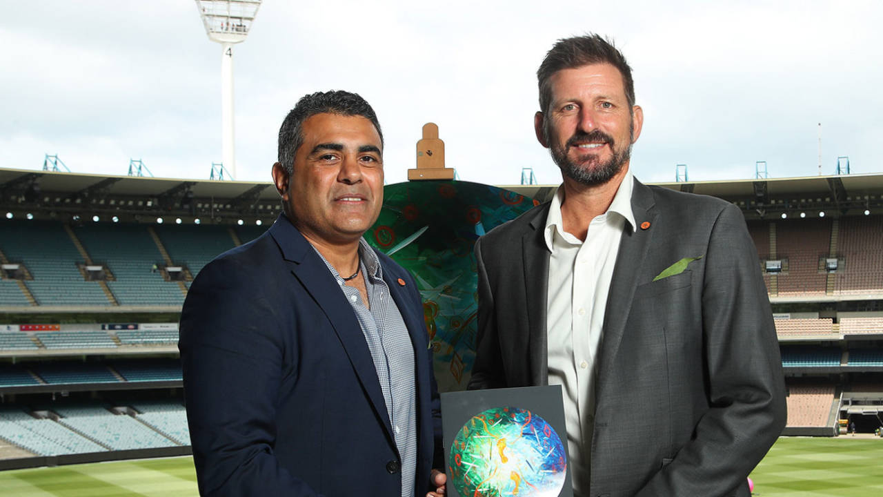 Justin Mohamed with Michael Kasprowicz at the launch of Cricket Australia's reconciliation action plan, Melbourne, December 6, 2019