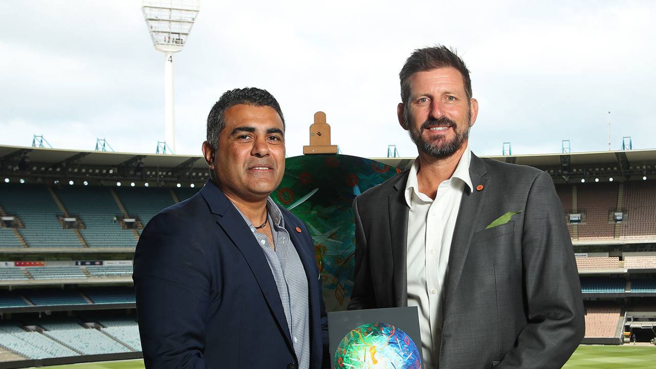 Justin Mohamed with Michael Kasprowicz at the launch of Cricket Australia's reconciliation action plan, Melbourne, December 6, 2019