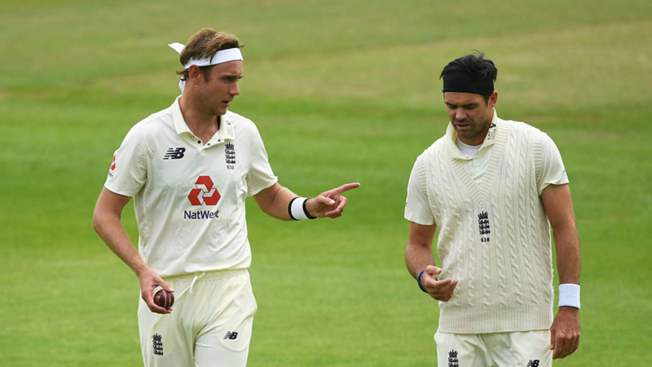 Stuart Broad and James Anderson discuss bowling plans, England v West Indies, 3rd Test, Emirates Old Trafford, 2nd day, July 25, 2020