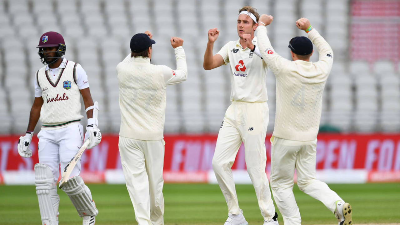Stuart Broad claimed the first wicket of West Indies' innings, England v West Indies, 3rd Test, Emirates Old Trafford, 2nd day, July 25, 2020