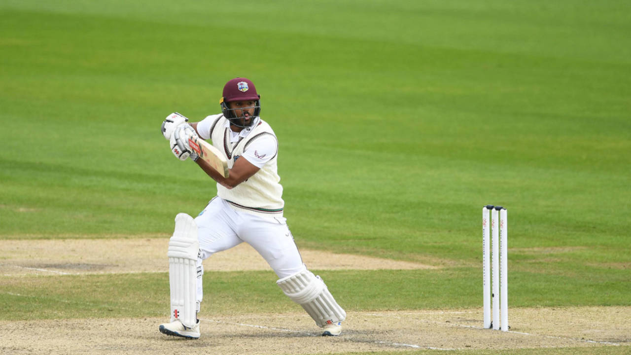 John Campbell drives through the covers, England v West Indies, 3rd Test, Emirates Old Trafford, 2nd day, July 25, 2020