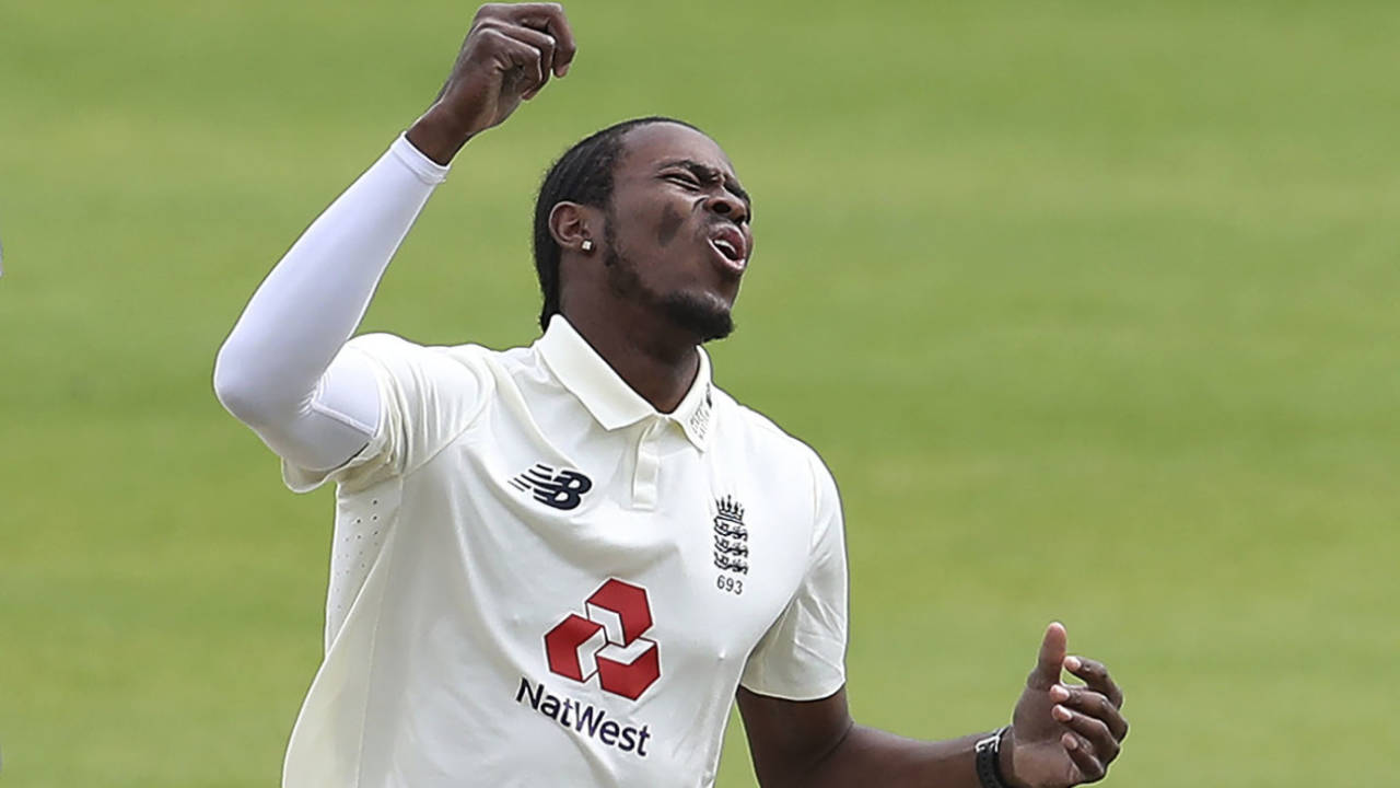 Jofra Archer reacts to a near miss, England v West Indies, 3rd Test, Emirates Old Trafford, 2nd day, July 25, 2020