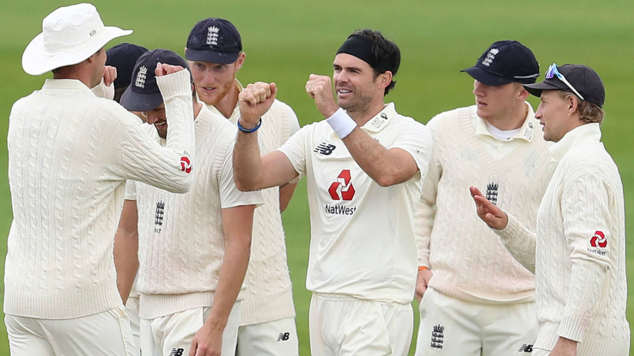James Anderson gets a congratulatory fist bump, England v West Indies, 3rd Test, Emirates Old Trafford, 2nd day, July 25, 2020