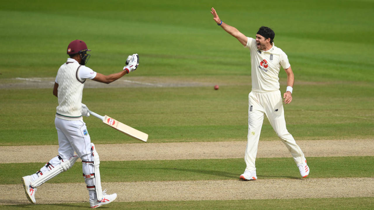 James Anderson appeals as Roston Chase looks on, England v West Indies, 3rd Test, Emirates Old Trafford, 2nd day, July 25, 2020