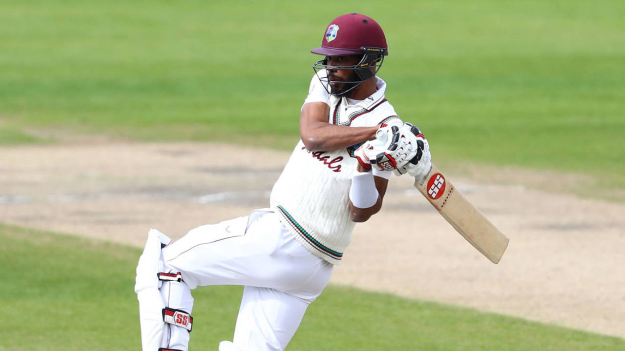 Roston Chase rolls his wrists on a pull, England v West Indies, 3rd Test, Emirates Old Trafford, 2nd day, July 25, 2020