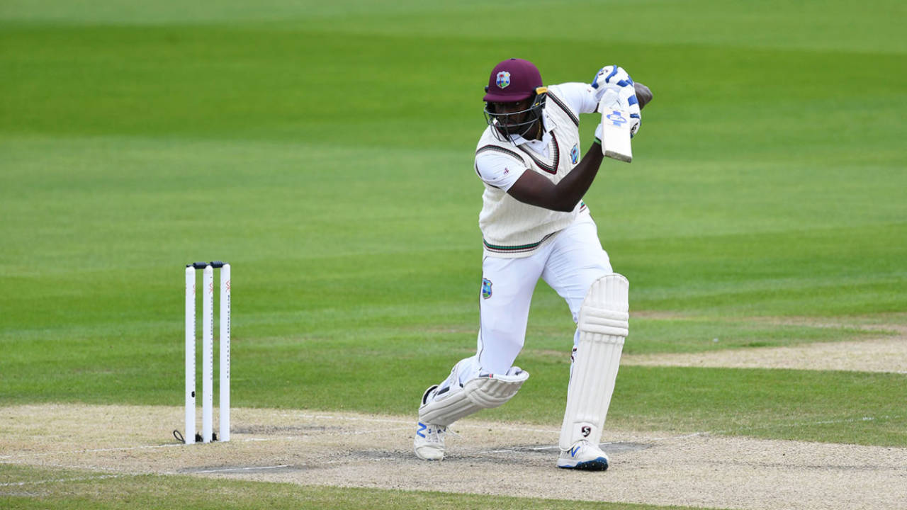 Jason Holder is forward to drive, England v West Indies, 3rd Test, Emirates Old Trafford, 3rd day, July 26, 2020
