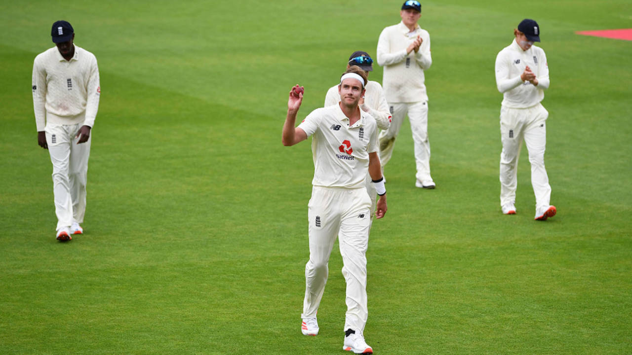 Stuart Broad holds the ball aloft after taking a six-wicket haul, England v West Indies, 3rd Test, Emirates Old Trafford, 3rd day, July 26, 2020