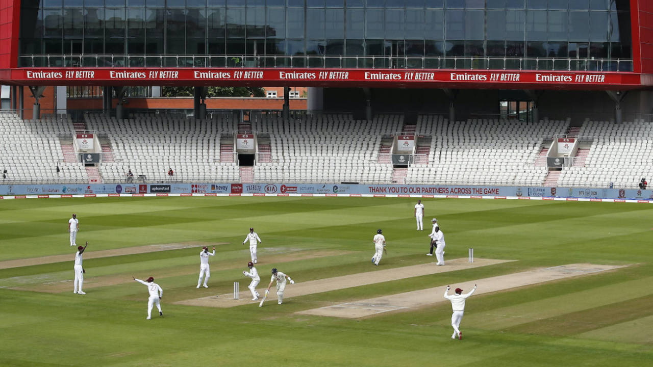 Joe Root is run out by a direct throw from Roston Chase, England v West Indies, 3rd Test, Old Trafford, 1st day, July 24, 2020