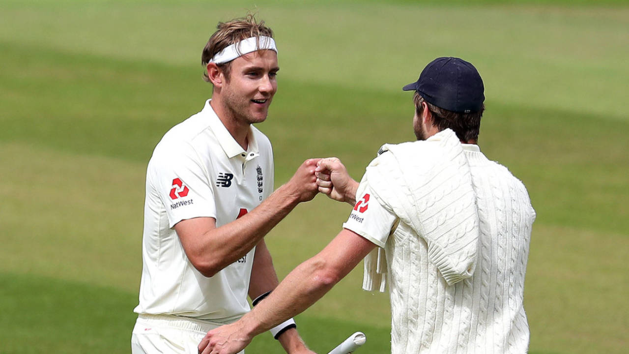 Stuart Broad celebrates England's victory after taking his tenth wicket, England v West Indies, Third Test, Day 5, Emirates Old Trafford, July 28, 2020