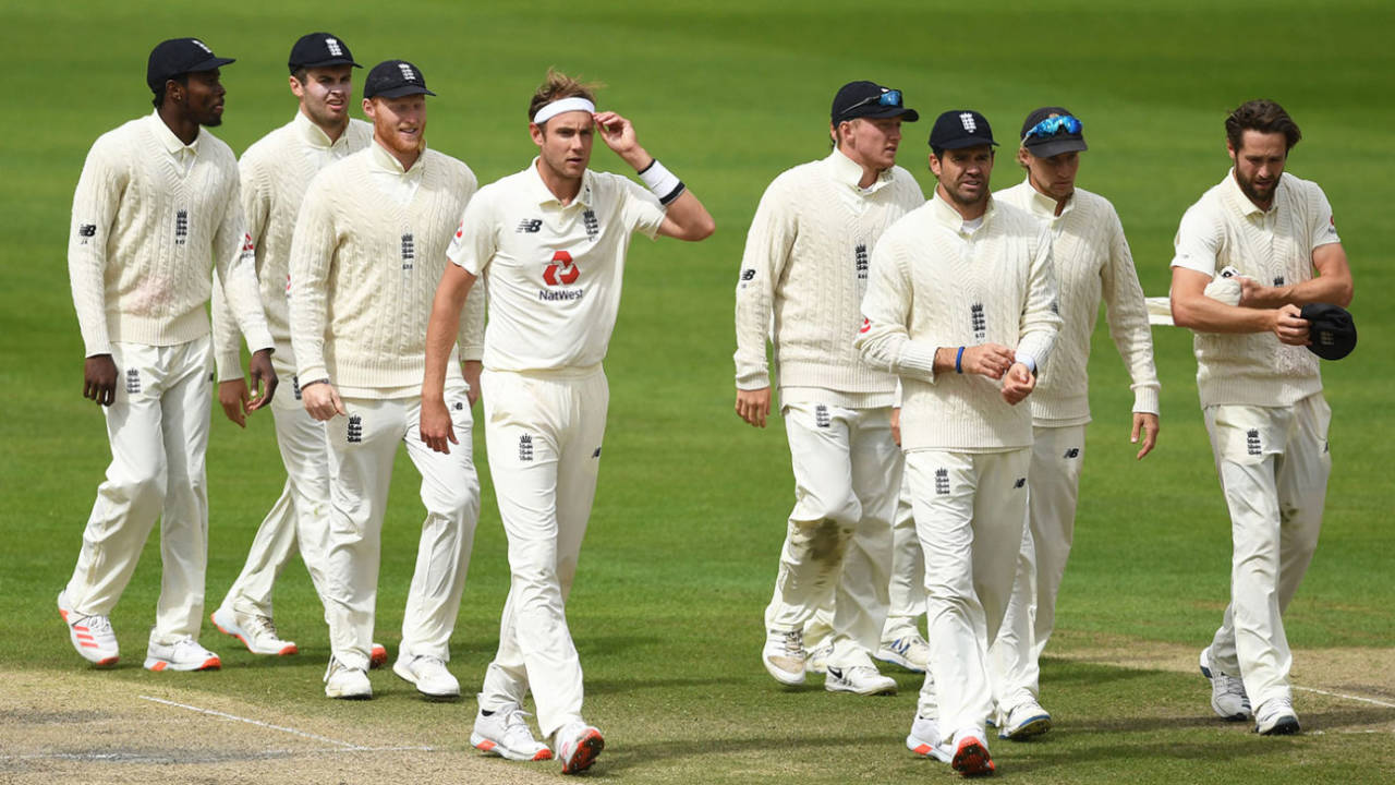 Stuart Broad leads England from the field after their third Test victory, England v West Indies, Third Test, Day 5, Emirates Old Trafford, July 28, 2020