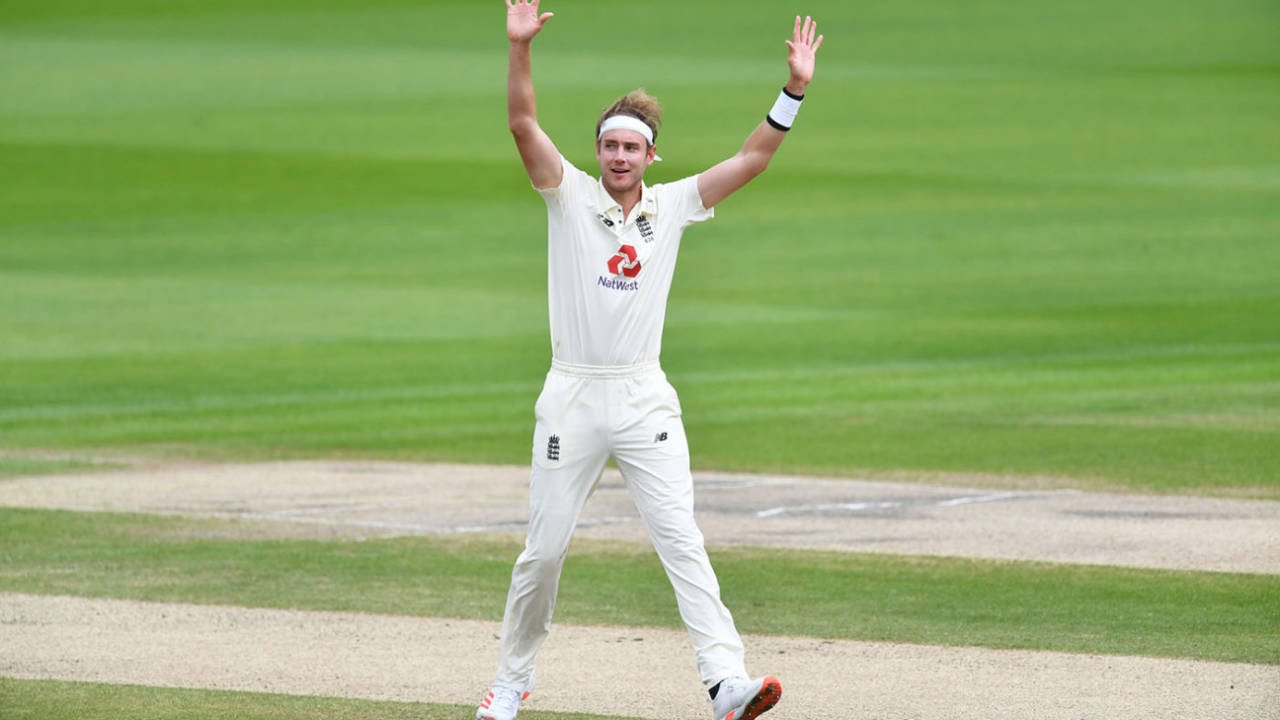 Stuart Broad celebrates winning an lbw decision, England v West Indies, 3rd Test, Emirates Old Trafford, 3rd day, July 26, 2020
