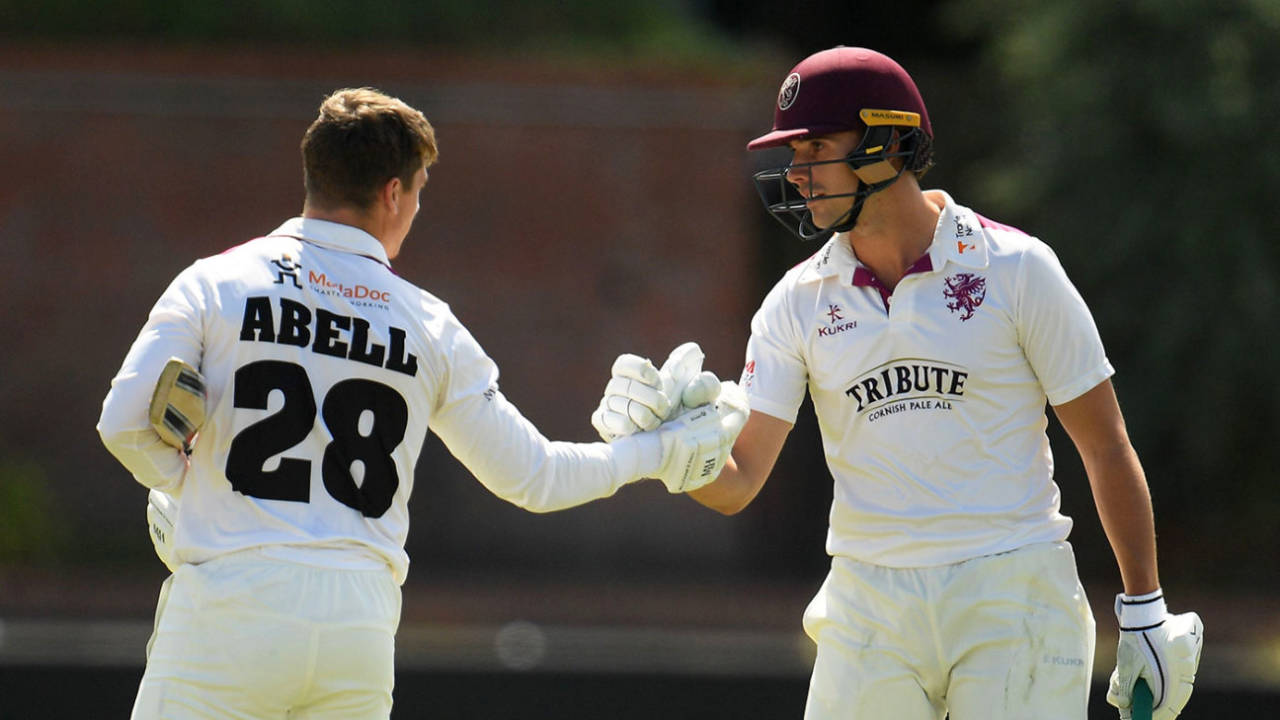 Tom Abell is congratulated by Ben Green after reaching three figures, Somerset v Glamorgan, Taunton, Bob Willis Trophy, August 3, 2020