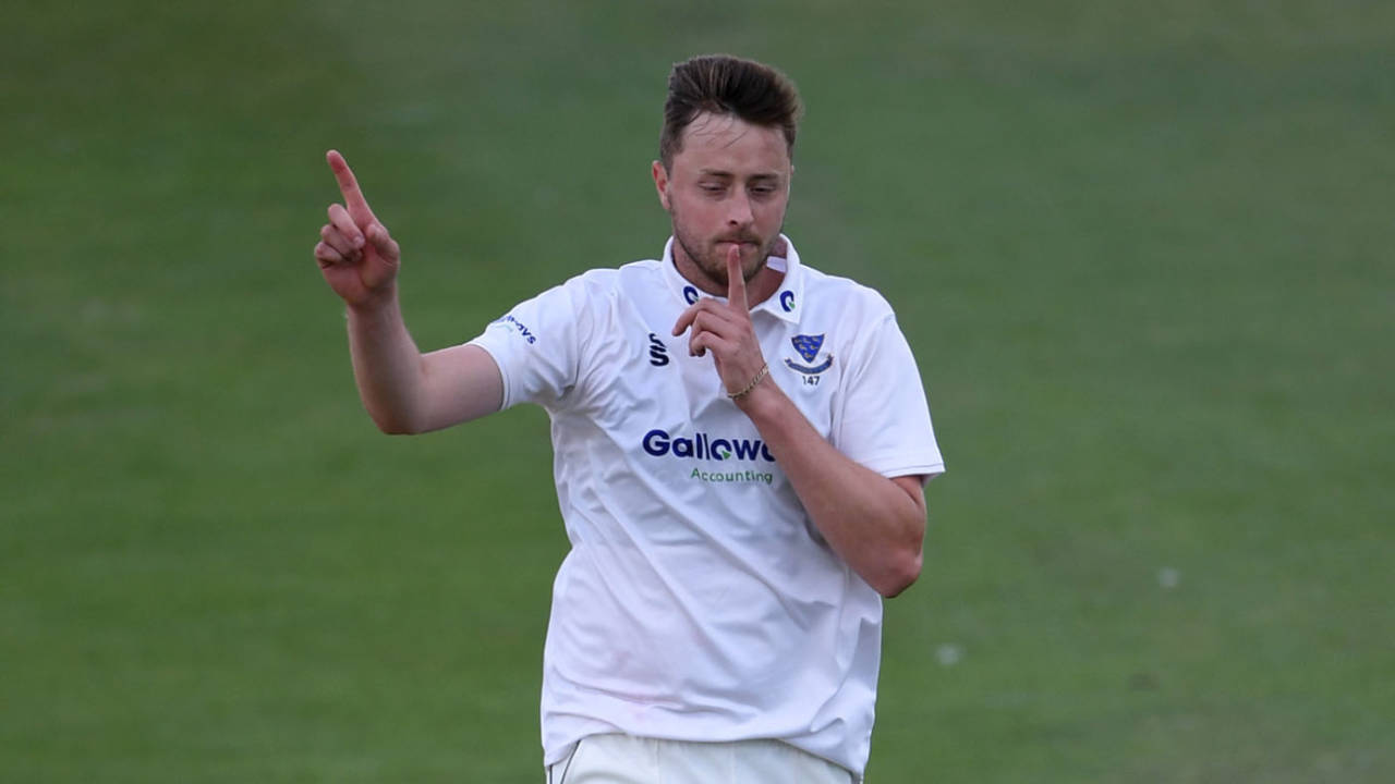 Ollie Robinson celebrates another scalp, Sussex v Hampshire, Day 3, Bob Willis Trophy, Hove, August 3, 2020