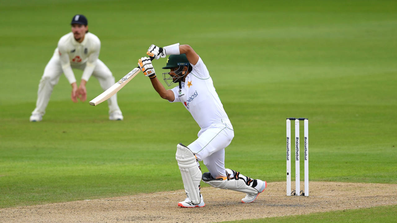 Babar Azam drives down the ground, England v Pakistan, 1st Test, Old Trafford, day 1, August 5, 2020