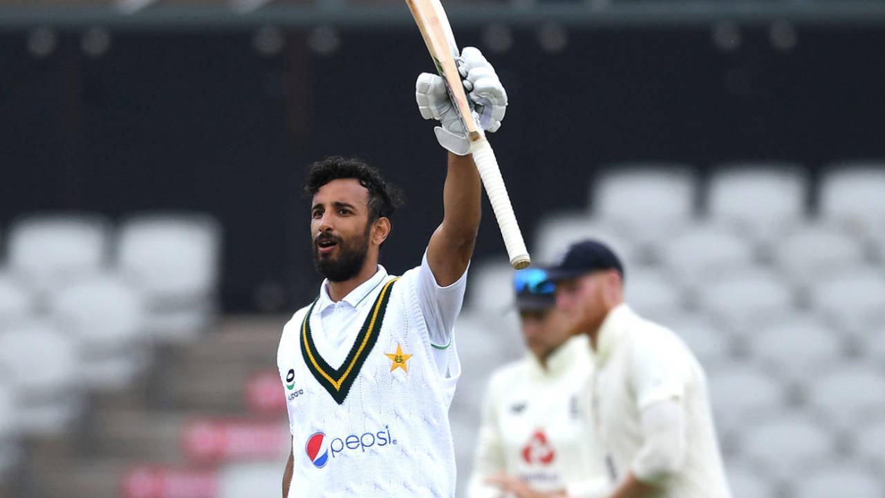 Shan Masood salutes the dressing-room after his hundred, England v Pakistan, 1st Test, Old Trafford, 2nd day, August 6, 2020