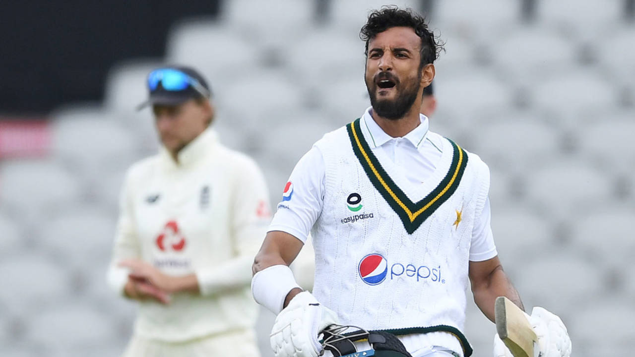 Shan Masood roars in celebration, England v Pakistan, 1st Test, Old Trafford, 2nd day, August 6, 2020