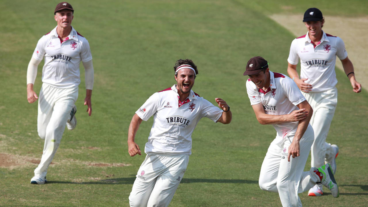 Jack Brooks celebrates with his Somerset team-mates, Northamptonshire v Somerset, Bob Willis Trophy, Day 1, Wantage Road, August 8, 2020