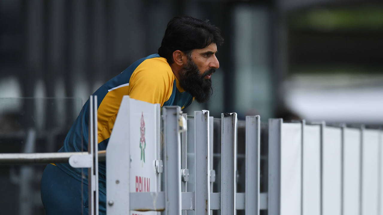 Misbah-ul-Haq watches on from the Pakistan balcony, England v Pakistan, 1st Test, Old Trafford, 4th day, August 8, 2020