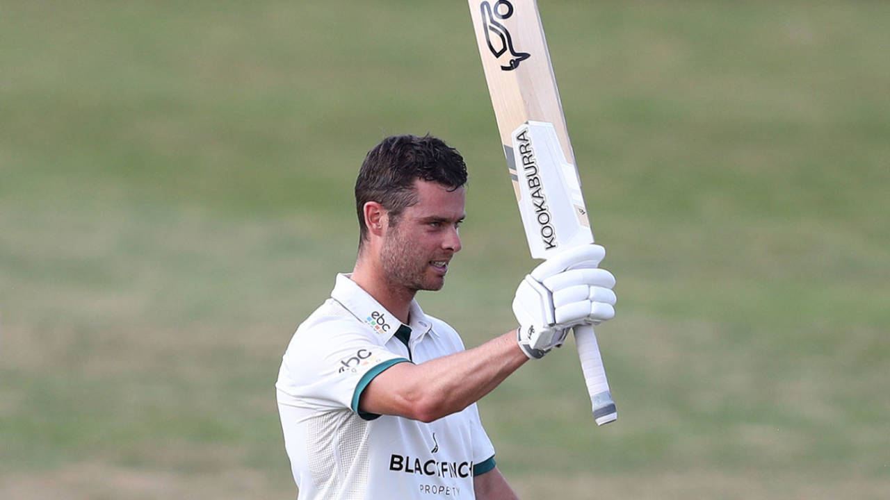 Jake Libby raises his bat on reaching a century, Worcestershire v Glamorgan, Bob Willis Trophy, 1st day, New Road, August 8, 2020