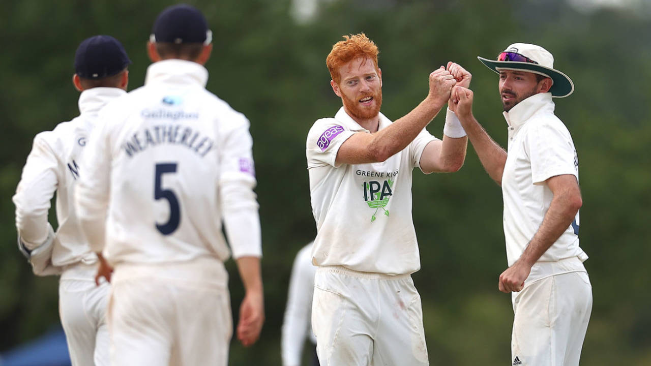 Ryan Stevenson bumps fists with his team-mates, Middlesex v Hampshire, Bob Willis Trophy, 1st day, Radlett, August 8, 2020