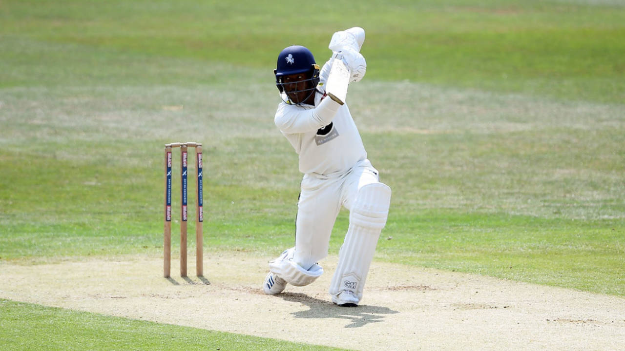 Daniel Bell-Drummond stretches out to drive, Kent v Sussex, Bob Willis Trophy, Canterbury, 2nd day, August 9, 2020