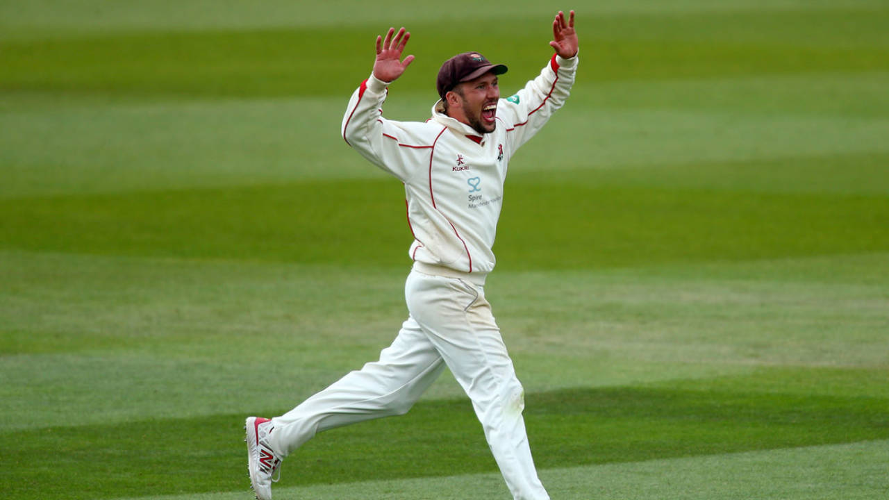 Simon Kerrigan celebrates a wicket, Surrey v Lancashire, County Championship, Division One, The Oval, 1st day, April 14, 2017