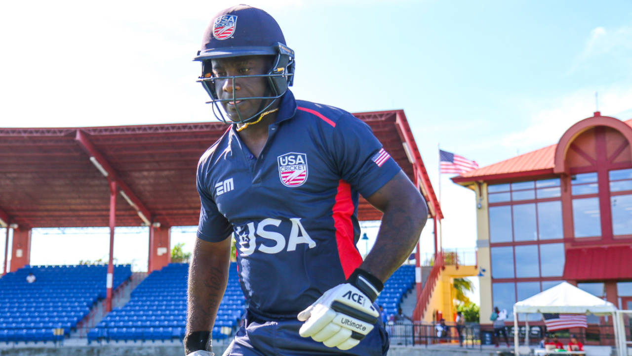 Xavier Marshall walks out at the start of play for USA's first ODI on home soil, USA v Papua New Guinea, CWC League Two tri-series, Lauderhill, September 13, 2019