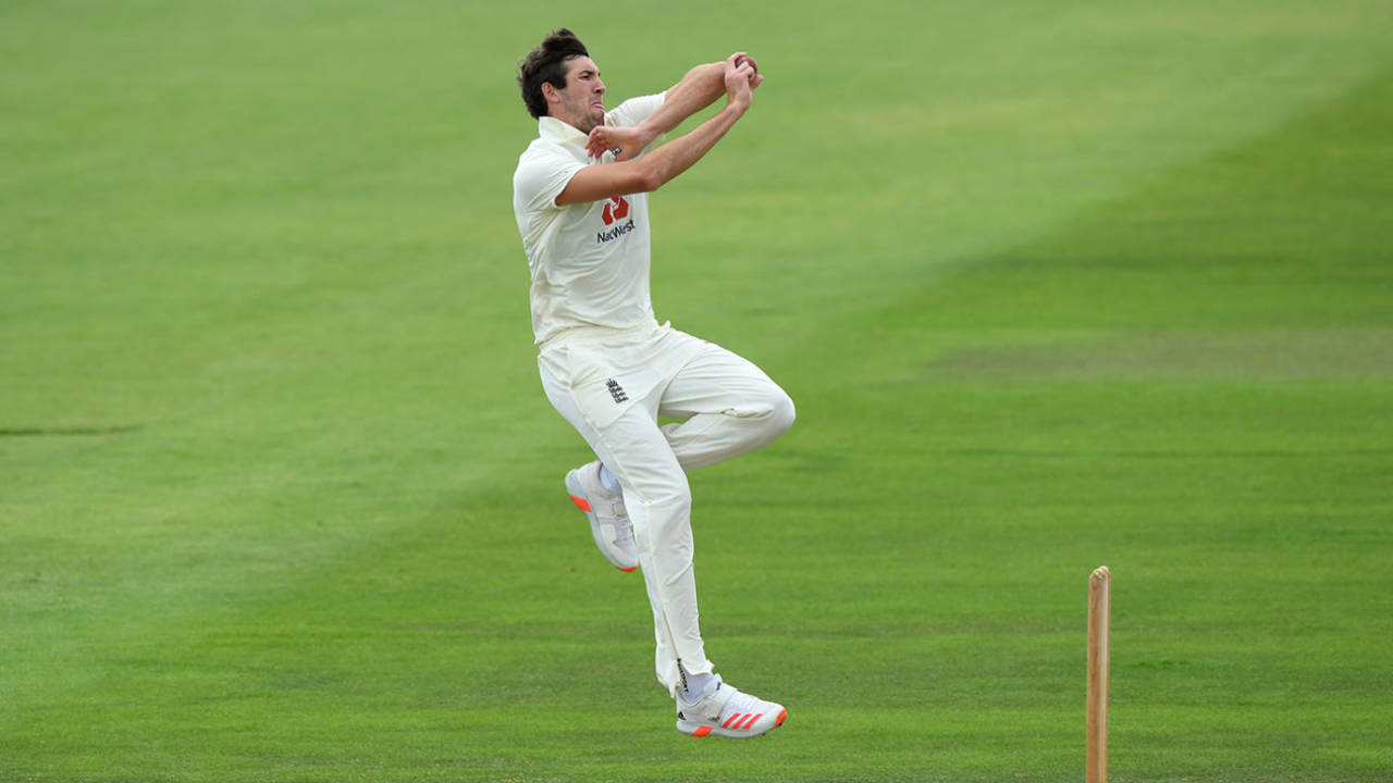 Craig Overton bowls during England's warm-up, Team Buttler v Team Stokes, Ageas Bowl, July 1, 2020