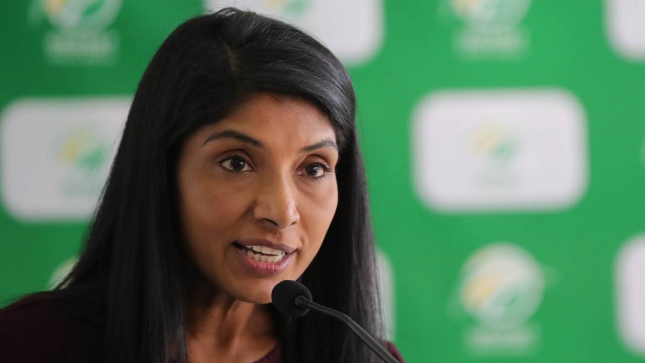 Kugandrie Govender speaks at a Cricket South Africa event