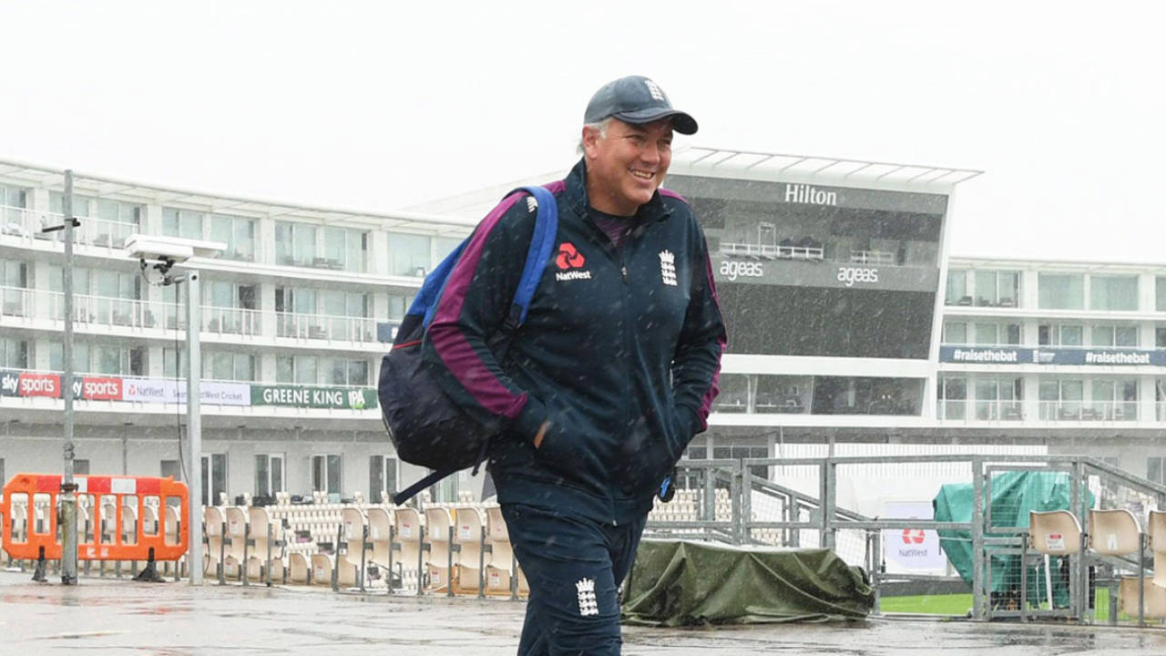 Chris Silverwood makes his way to the indoor nets at the Ageas Bowl, Southampton, August 19, 2020