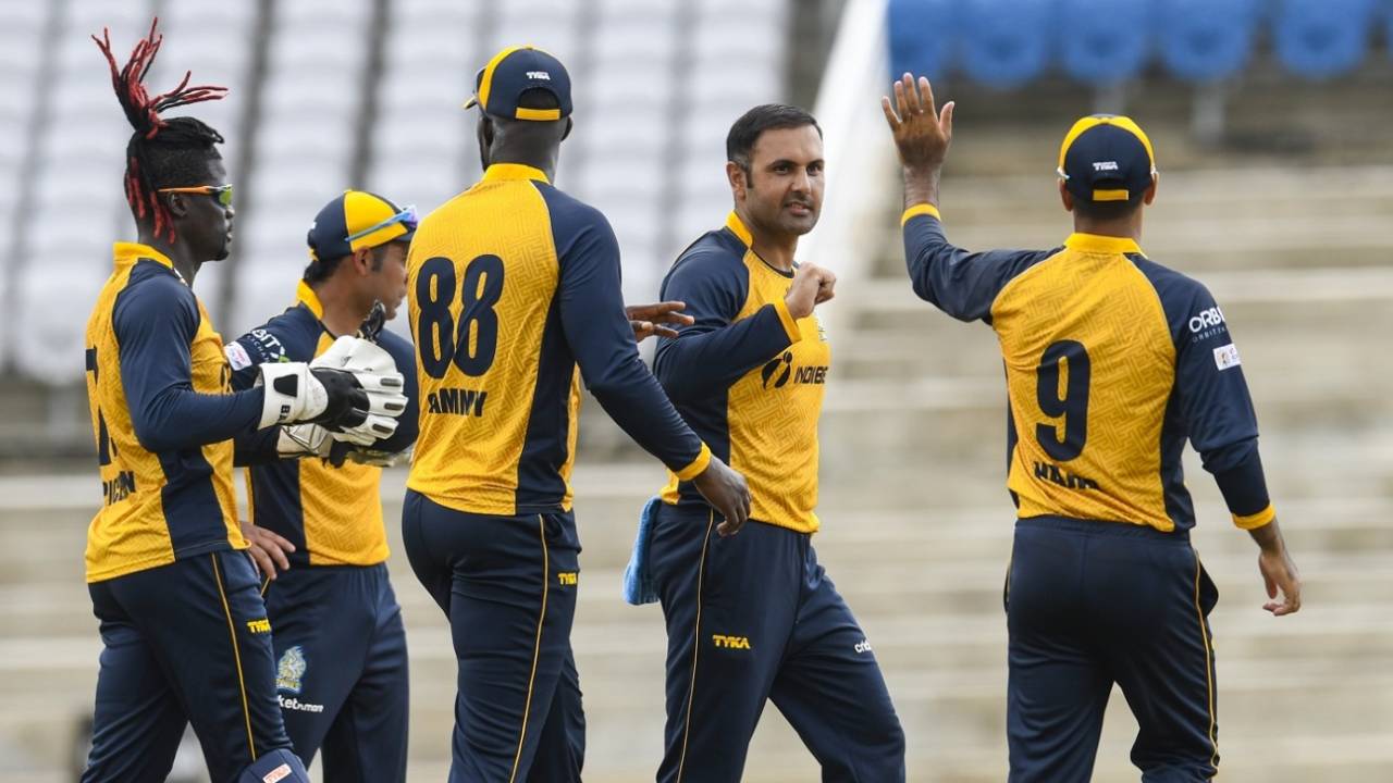 Mohammad Nabi celebrates the dismissal of Shai Hope, St Lucia Zouks v Barbados Tridents, Trinidad, August 20, 2020