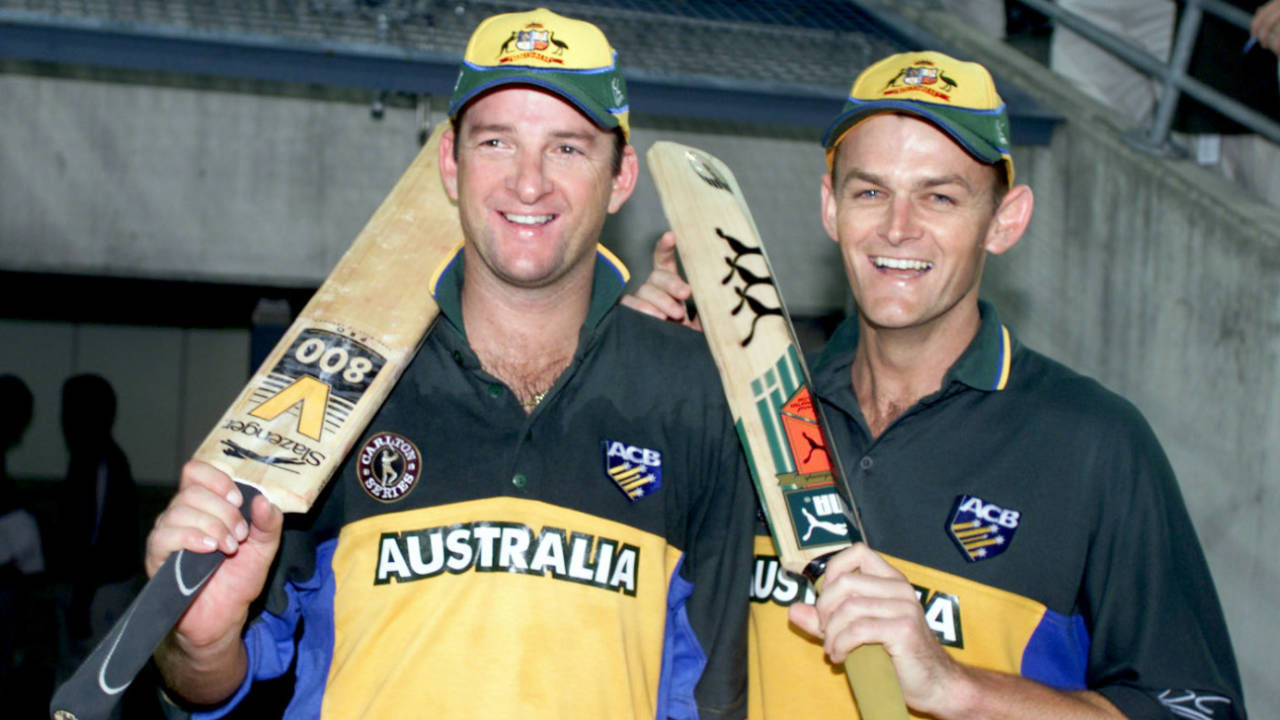 Mark Waugh and Adam Gilchrist celebrate their record ODI partnership, third ODI, Australia v West Indies, Carlton Series, Brisbane, Australia, January 14, 2001