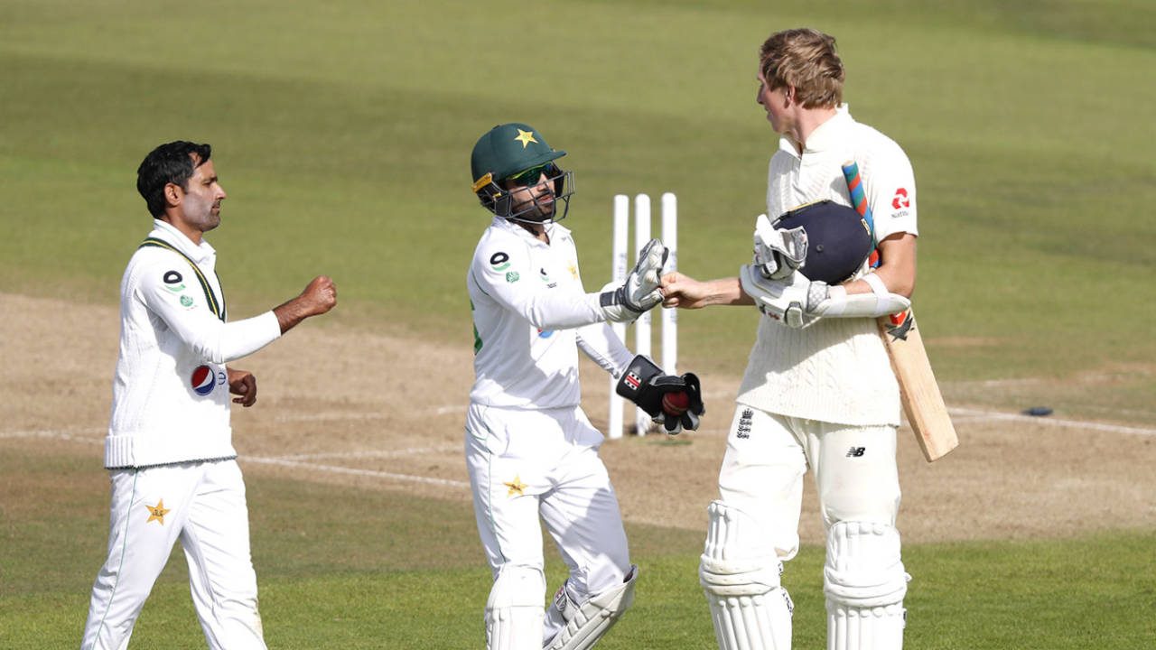 Zak Crawley is congratulated by the Pakistan players for his innings after being stumped by Mohammed Rizwan, England v Pakistan, 3rd Test, Southampton, 2nd day, August 22, 2020
