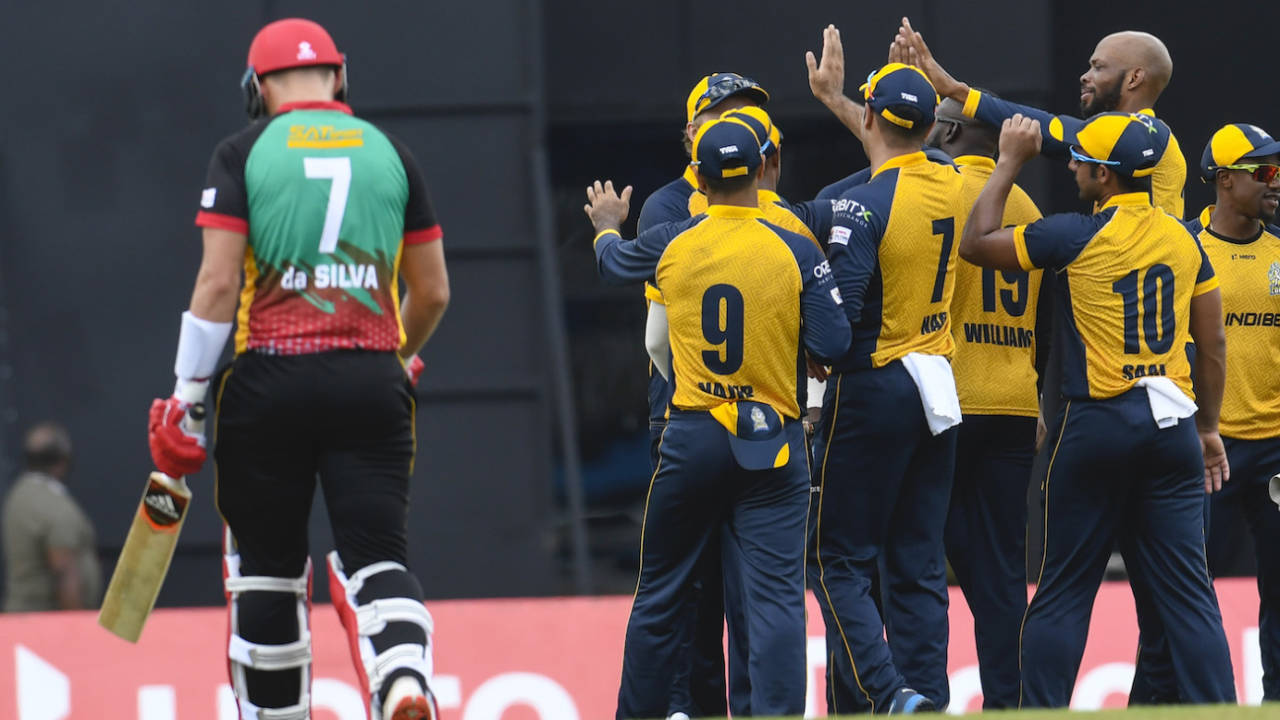 Roston Chase is congratulated after dismissing Joshua Da Silva, St Lucia Zouks v St Kitts and Nevis Patriots, CPL 2020, Brian Lara Stadium, August 22, 2020
