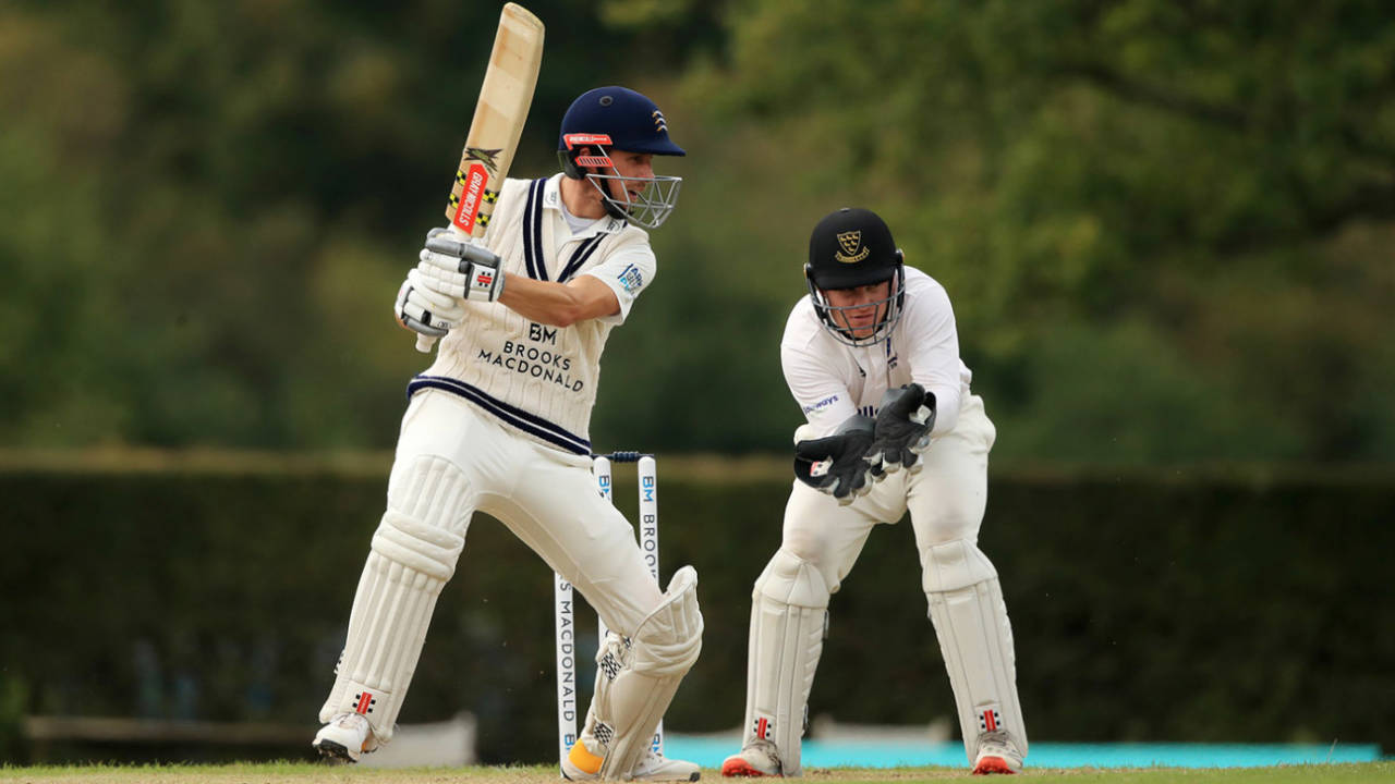 John Simpson finds the boundary on the off side, Bob Willis Trophy, Middlesex v Sussex, Radlett, August 23, 2020